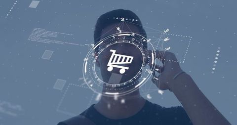 Man engaging ar shopping cart interface while touching earband in futuristic retail