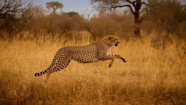 Cheetah leaping through golden african grassland at dusk