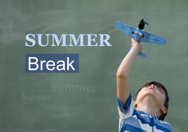 Digital composition of boy playing with toy plane against background summer break in text