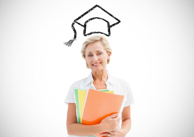 Senior woman holding colorful files with a graduation cap illustration above her head. Ideal for use in educational materials, adult education promotions, lifelong learning campaigns, and academic success stories.