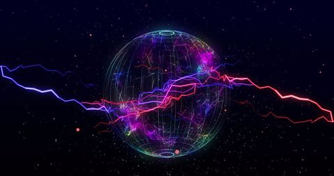Neon lightning striking digital sphere against starry cosmos