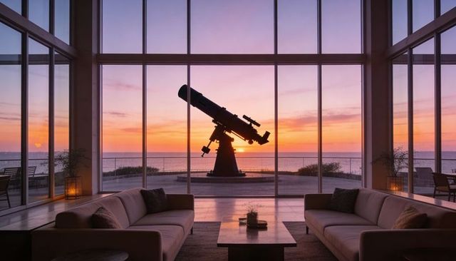 Oceanfront telescope silhouette at sunset framing coastal horizon from luxury living room