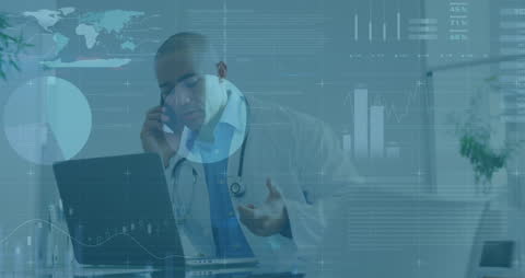 Doctor Analyzing Data During Phone Call in Modern Office