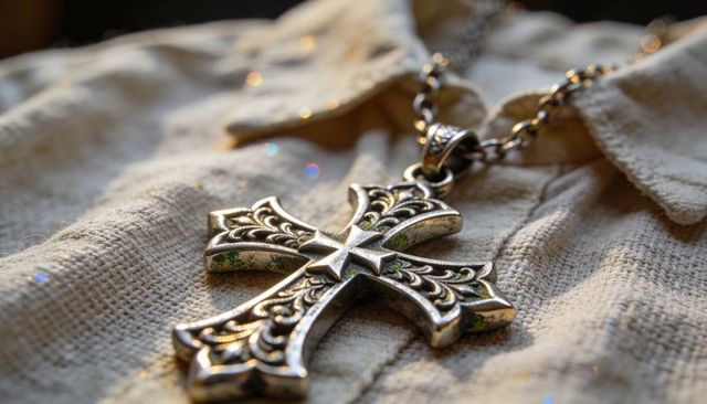 Resting ornate silver cross pendant with filigree and green patina on textured fabric