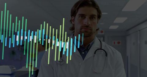 Doctor in lab coat with digital waveform overlay in hospital corridor