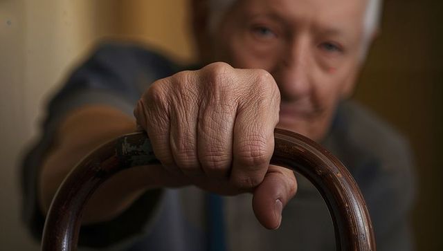 Senior man gripping curved wooden cane hand closeup showing wrinkle texture and strength
