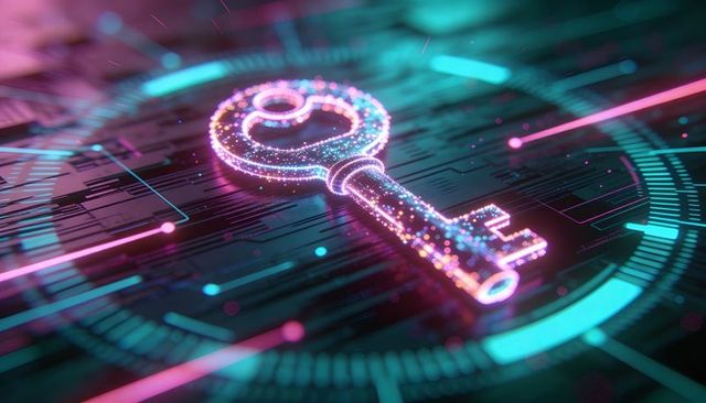 Glowing holographic key hovering above circuit-board, neon cyan magenta rings, encryption