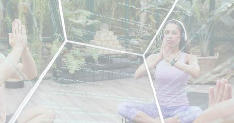 Woman meditating with headphones on wood deck featuring digital code overlay and greenery