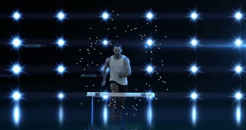 Male hurdler clearing barrier under futuristic starburst lights on glossy reflective stage