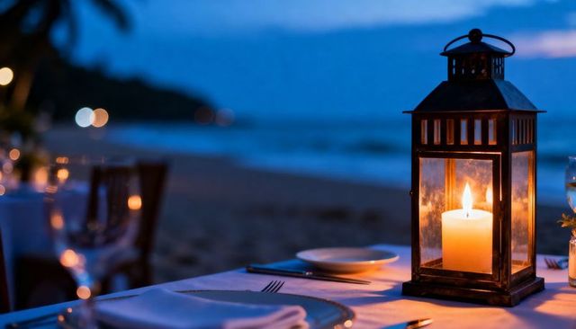 Seaside candle lantern casting warm glow on tablecloth at twilight for romantic dining