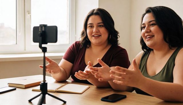 Two Creators Filming Live Stream at Home with Phone Tripod, Notebooks, Collaboration