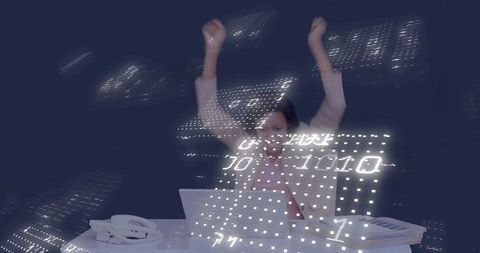 Cheering female data analyst achieving success in futuristic office