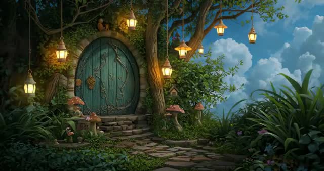Enchanted Doorway in Mystical Forest with Glowing Lanterns