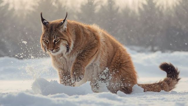 Tufted-eared lynx pouncing through powder snow, backlit winter wildcat in motion