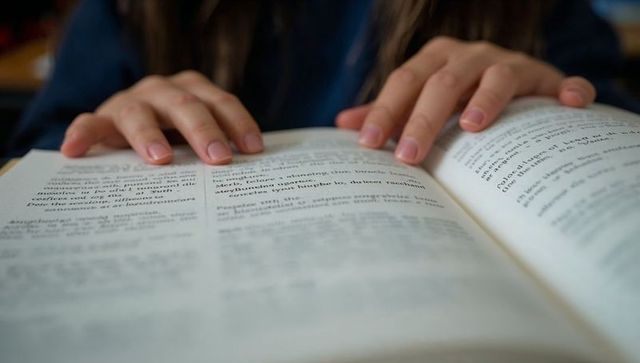 Student hands resting on open hardcover book reading close-up with warm lighting
