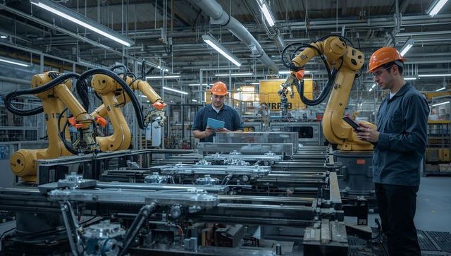 Technicians Monitoring Robotic Assembly Line in Modern Factory