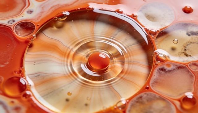 Forming central droplet creating concentric ripples in marbled orange pigment macro