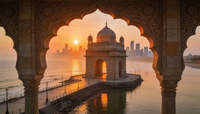 Framing ornate carved archway revealing domed stone pavilion on jetty at sunrise