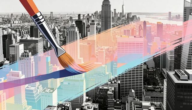Giant paintbrush sweeping pastel brushstroke across grayscale urban skyline