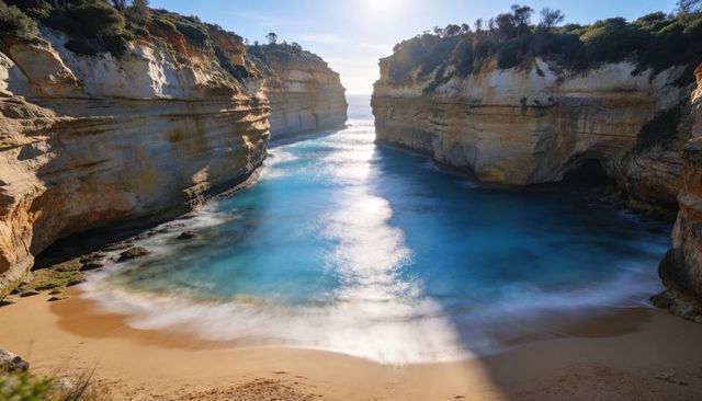 Sunlit turquoise cove framed by limestone cliffs, sandy beach and sea caves