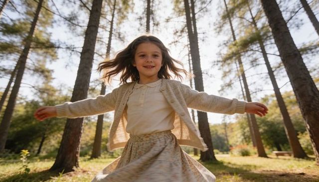 Sunlit pine grove girl spinning arms outstretched wearing knit cardigan and floral skirt