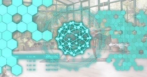 Pacific islander woman practicing deep backbend yoga in glasshouse with hud interface