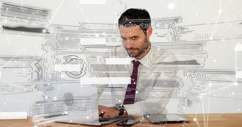 Businessman typing with augmented reality HUD and data analytics overlays on laptop