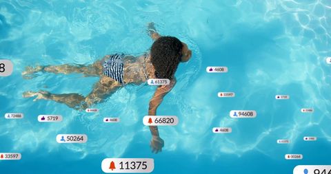 Digital Notifications Over Woman Swimming in Sunny Pool