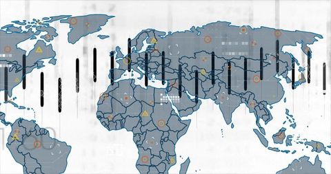 Global analytics map with digital visualizations and data patterns