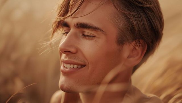 Smiling young man enjoying golden hour in tall dry grass, sunlit portrait close-up