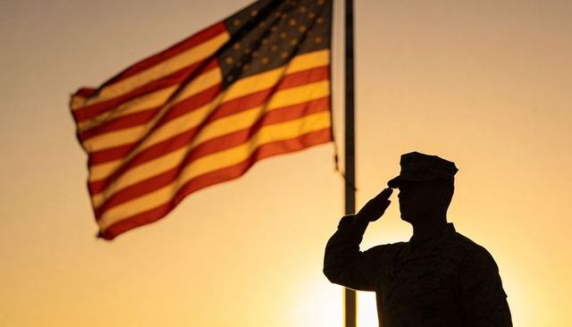 Silhouetted Servicemember Saluting at Sunset with American Flag Waving in Background