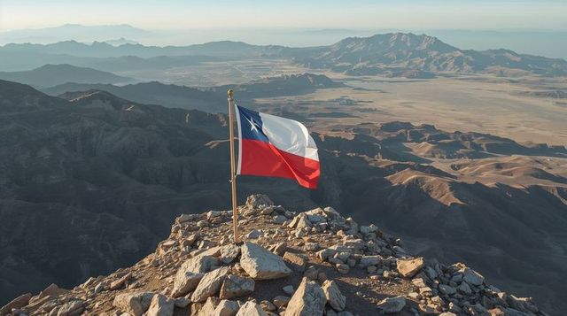 Chilean flag fluttering on mountain summit over desert valley at golden hour