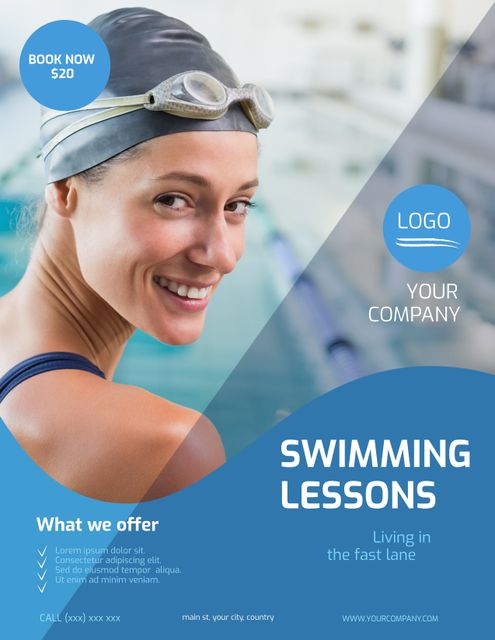 Ideal for use in advertising swimming lessons and aquatic education programs. Can be used by swim schools, fitness centers, and swimming coaches to promote their services. Suitable for social media posts, websites, and printed flyers.