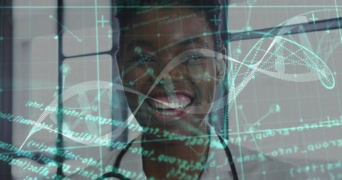 Smiling Female Doctor Analyzing Holographic DNA Data