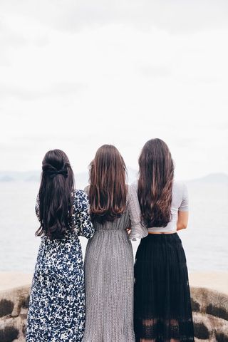 Women relaxing by calm seaside