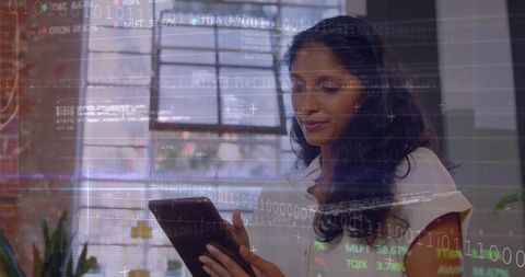Businesswoman Surrounded by Financial Data Interfaces