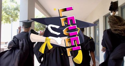 Graduates walking campus corridor adjusting caps with colorful diploma graphic overlay