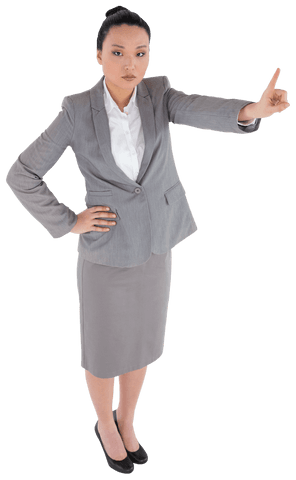 Serious business woman pointing on transparent background