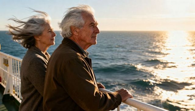 Senior couple gazing at sunset over ocean from ferry deck, golden hour companionship