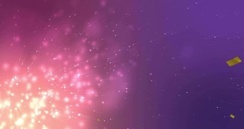 Radiating purple light burst with bokeh particles and confetti festive neon background
