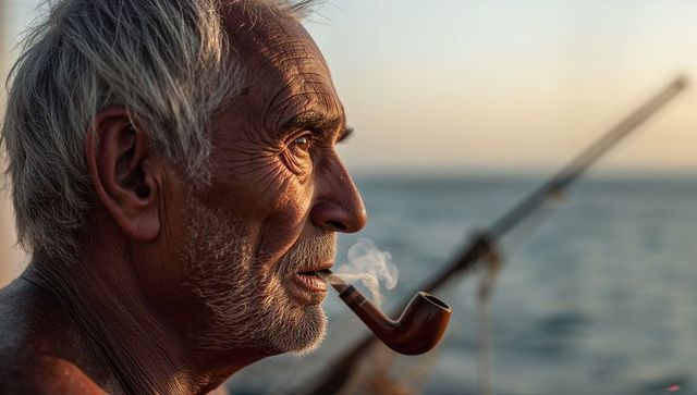 Senior man smoking pipe on boat at sunset, embracing tranquility