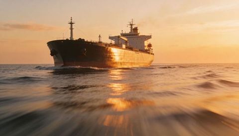 Commercial oil tanker cruising into golden sunset, reflecting warm glow across calm ocean