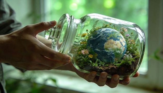 Hands holding glass jar terrarium with earth globe, moss and wildflowers promoting sustainability