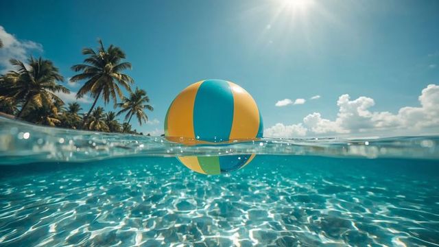 Beach ball floating in exotic tropical paradise with clear water