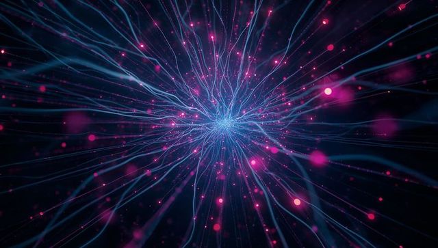 Neon neural network burst radiating blue core with pink particle streams for tech ai