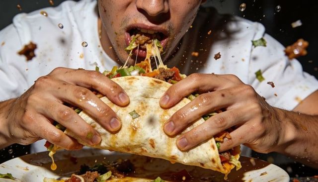 Man biting messy burrito with dramatic cheese pull, flying toppings and stained white tee