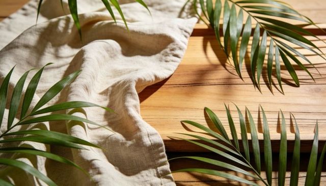 Sunlit beige linen draping on wooden board with palm fronds casting tropical shadows