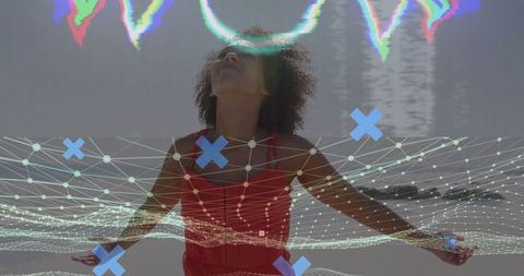 Energized Woman Embracing Digital Future on Beach