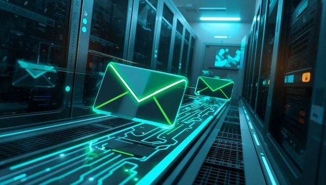 Neon Email Envelopes Gliding Through Server Aisle on Futuristic Circuit Conveyor