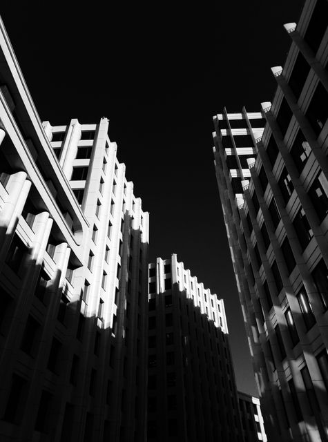 Features a low-angle view of modern high-rise buildings with sharp shadows in a monochrome color scheme. This image can be used to emphasize urban development, architectural design, or city life. Ideal for use in real estate, architectural magazines, and urban planning presentations.